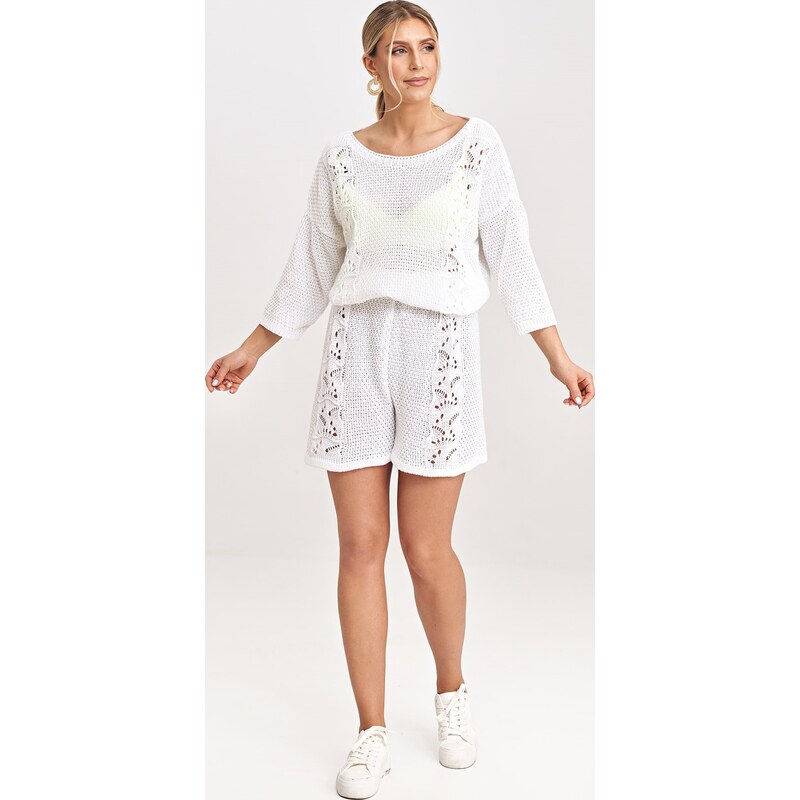 FIGL Smotanová dámska pletená súprava blúzky s 3/4 rukávom a kraťasov 66149725