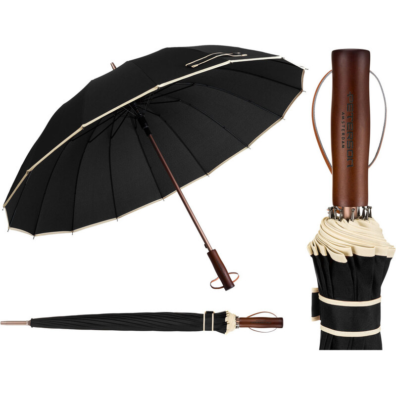 Elegantný čierny dáždnik s drevenou rúčkou a 16 rebrami – Peterson 63573506