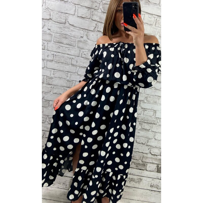 Dlhé šaty s bielymi bodkami a rozparkom čierne 63591726