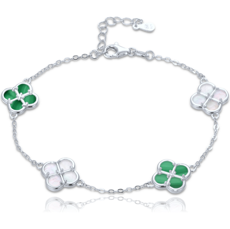 Olivie Stříbrný náramek čtyřlístky s bílou perletí a malachitem TALIS 65210590