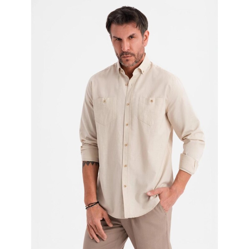 Ombre Clothing Atraktívna pánska krémová košeľa s dlhým rukávom V3 63702462