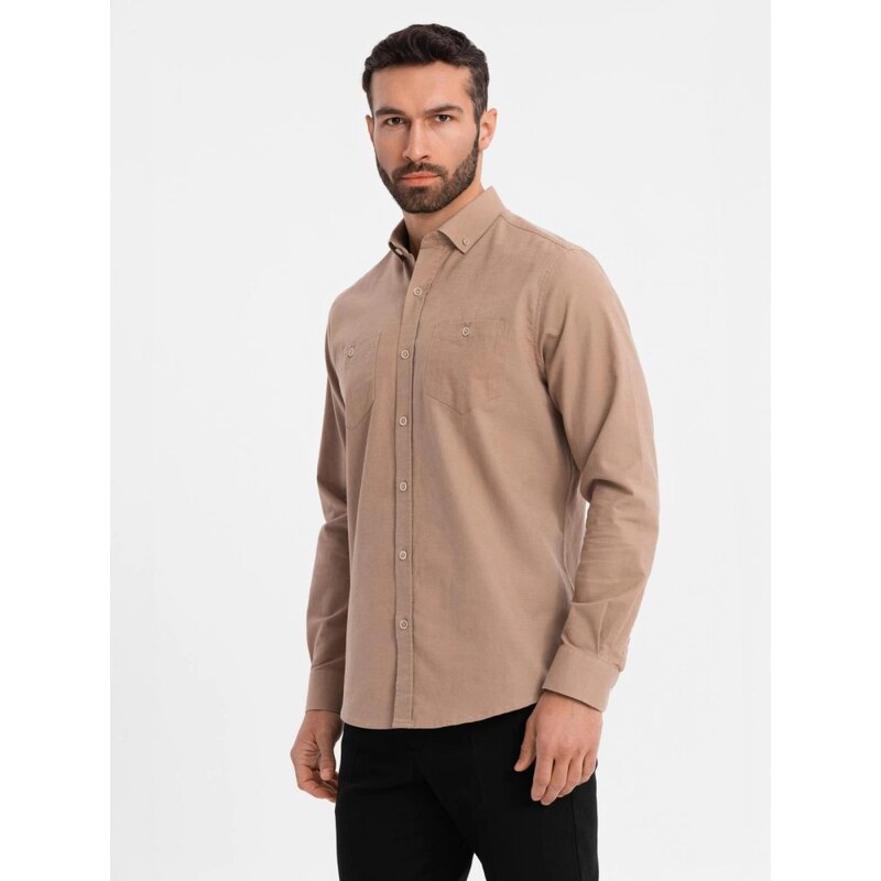 Ombre Clothing Atraktívna pánska hnedá košeľa s dlhým rukávom V7 SHCS 63702464