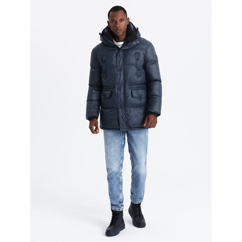 Ombre Mens long puffer jacket with snap pockets - navy blue 64782567
