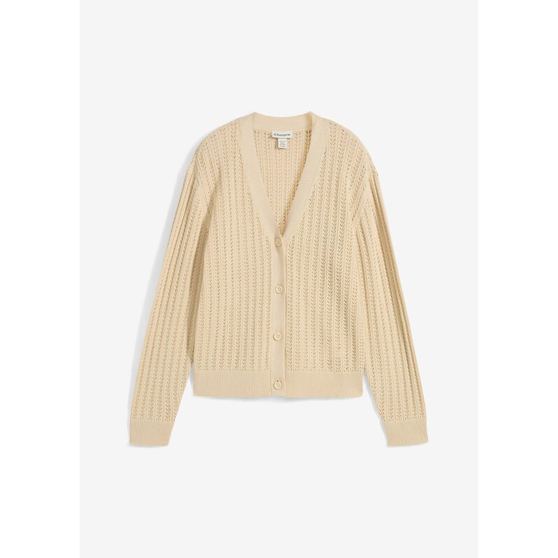 bonprix Ažúrový pletený sveter s plátnom, farba béžová 63704069