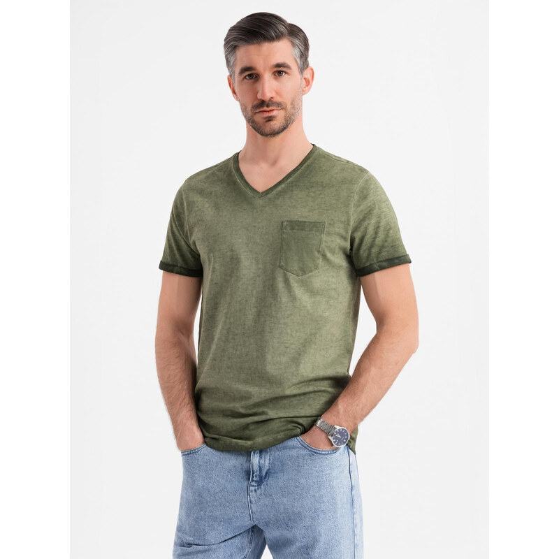 Ombre Mens cotton V-neck knit t-shirt with washed effect - olive 64793258