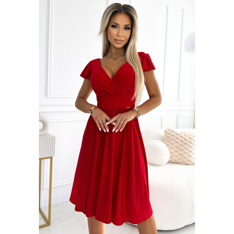 Numoco Červené trblietavé midi šaty s volánikovými rukávmi Matilde 63717882