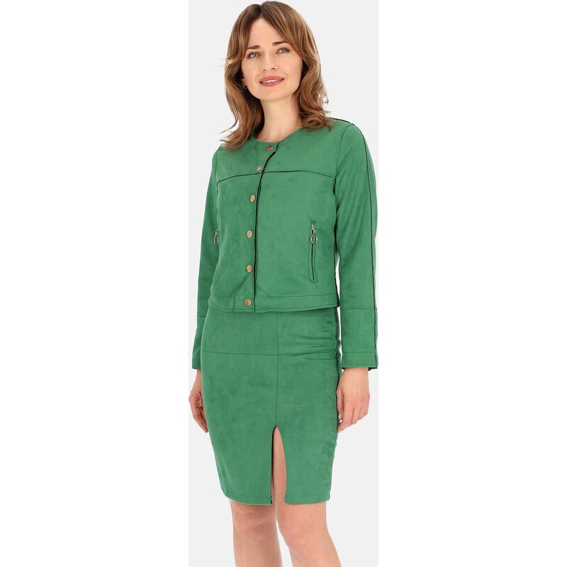 Perso Zelená dámska krátka semišová bunda so zlatými cvočkami BLE 63719402