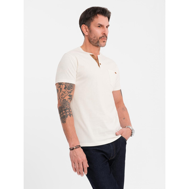 Ombre Mens t-shirt with button neckline and suede trim - white 64793275