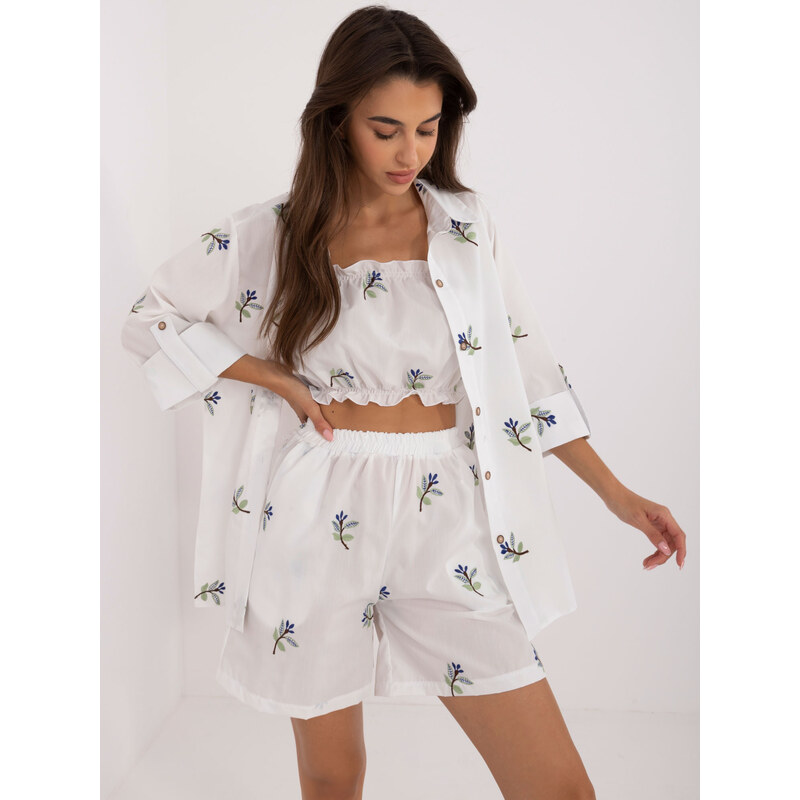 BASIC Bílá dámská 3dílná lněná letní souprava se vzory LK-KMPL-509732 63753325