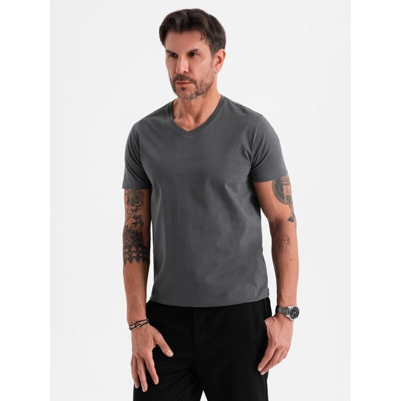Ombre Clothing Basic bavlnené grafitové tričko s V-výstrihom V3 TSBS 63760927