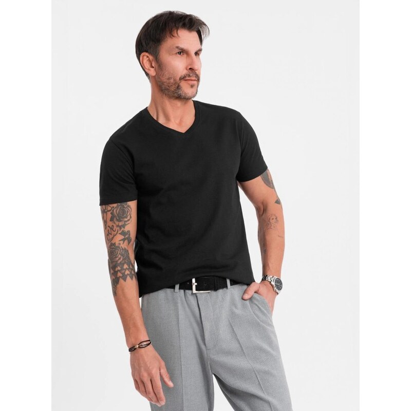 Ombre Clothing Basic bavlnené čierne tričko s V-výstrihom V1 TSBS-0237 63760925