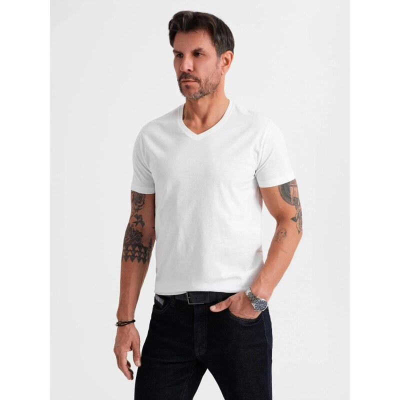 Ombre Clothing Basic bavlnené biele tričko s V-výstrihom V4 TSBS-0237 63760928
