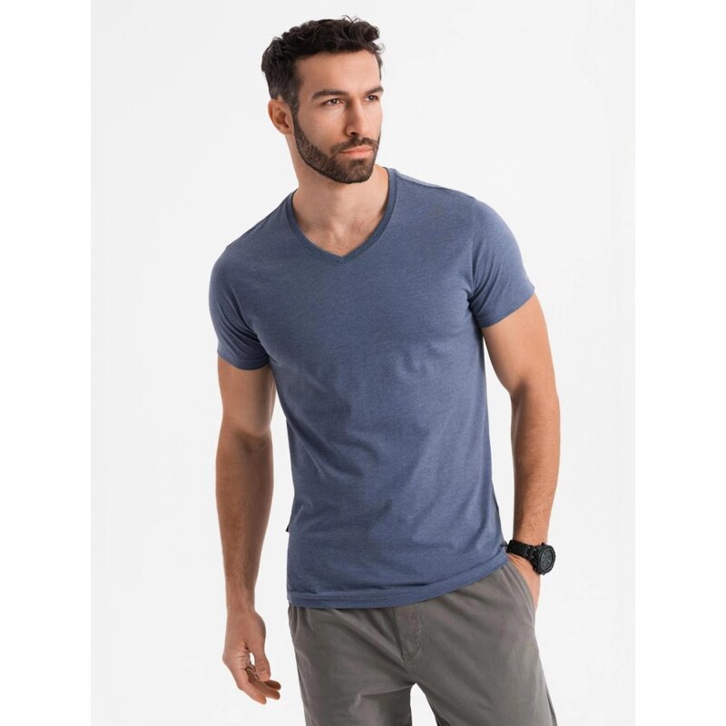Ombre Clothing Basic bavlnené modré melírované tričko s V-výstrihom 63760934