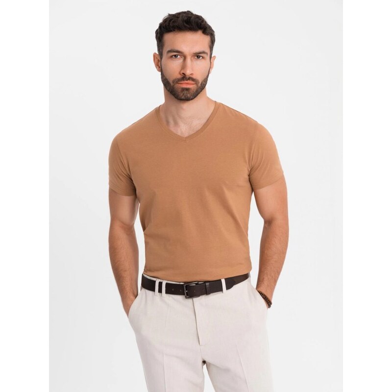 Ombre Clothing Basic bavlnené hnedé tričko s V-výstrihom V9 TSBS-0237 63760931