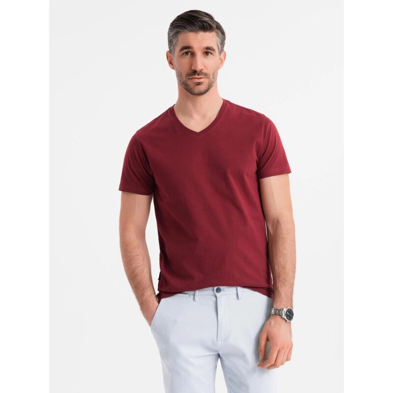 Ombre Clothing Basic bavlnené bordové tričko s V-výstrihom V10 TSBS 63760932