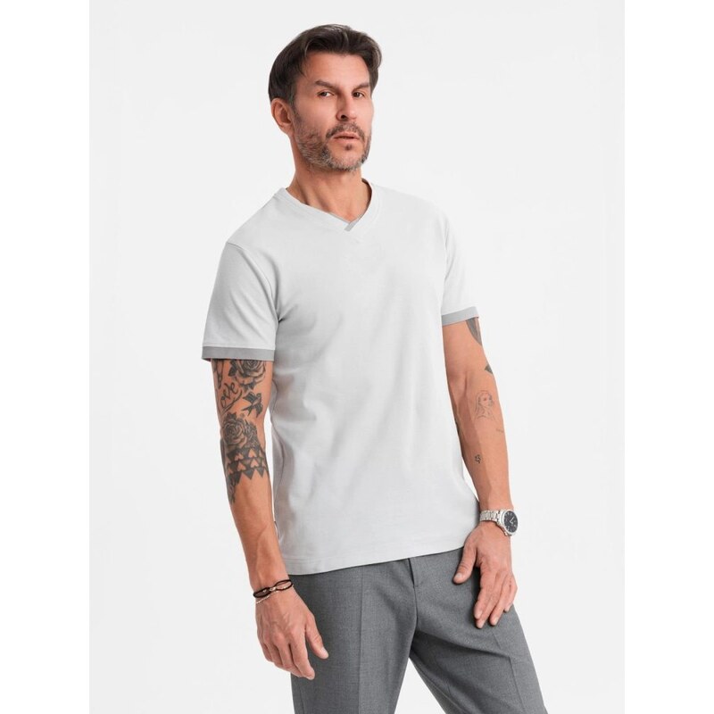 Ombre Clothing Moderné šedé bavlnené tričko s V-výstrihom V4 TSCT-0198 63760937