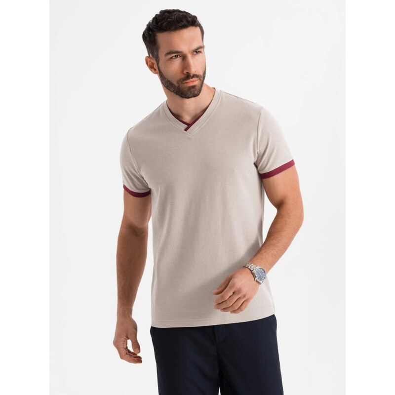 Ombre Clothing Moderné béžové bavlnené tričko s V-výstrihom V2 TSCT 63761255