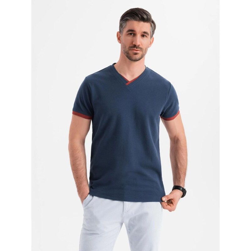 Ombre Clothing Moderné tmavomodré bavlnené tričko s V-výstrihom V1 63761254