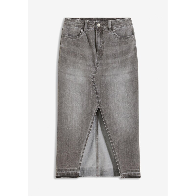 bonprix Džínsová sukňa s rozparkom, farba šedá 56356443