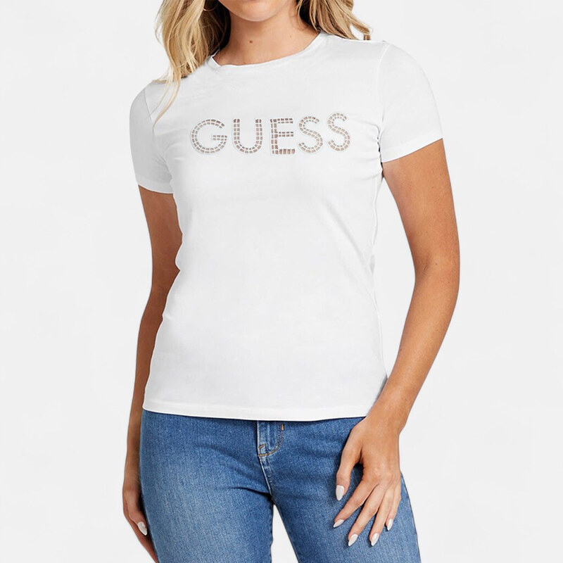 Dámské bílé triko Guess s perforovaným logem 56237 63793373