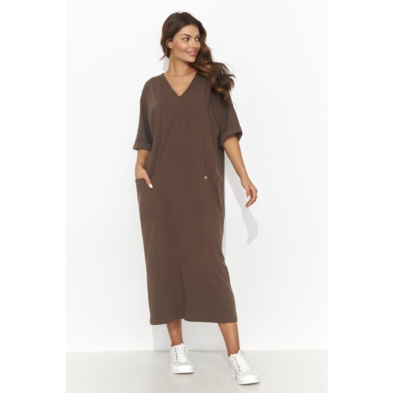 Numinou Voľné dlhé šaty s vreckami NU473 | čokoládová NU473 63800871
