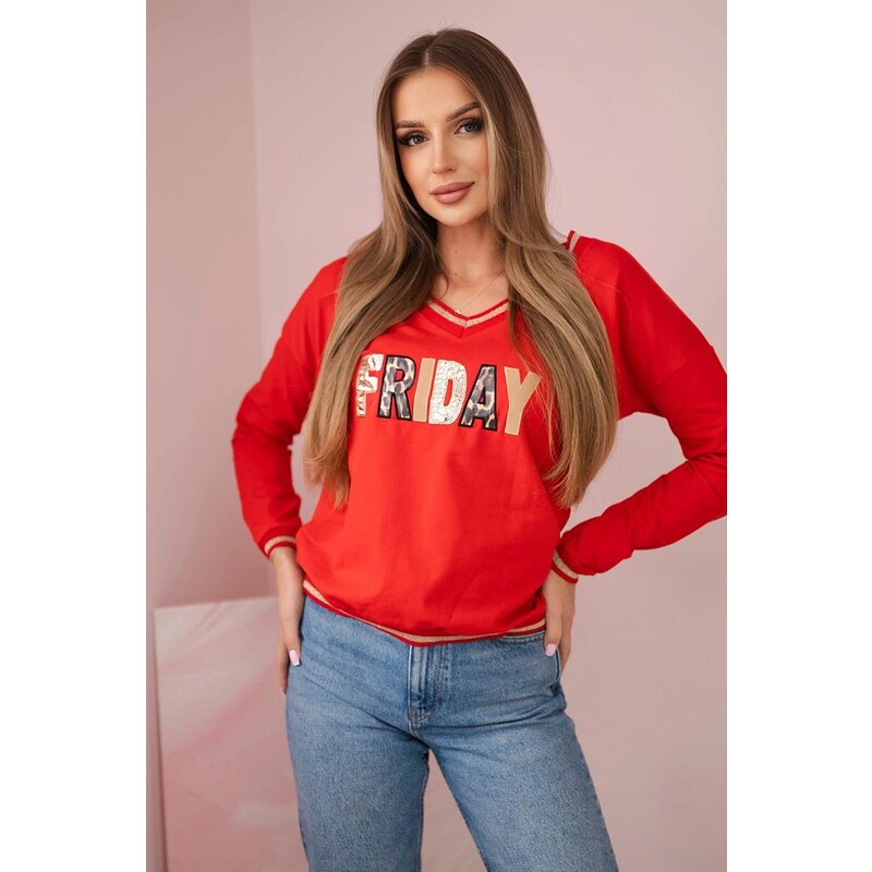 MladaModa Krátka mikina s lemom a flitrovým nápisom Friday červená 65626805