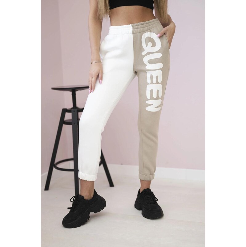 MladaModa Tepláky s nápisom QUEEN béžové+biele 64092239