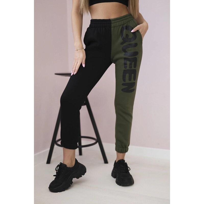 MladaModa Tepláky s nápisom QUEEN farba khaki+čierna 64102062