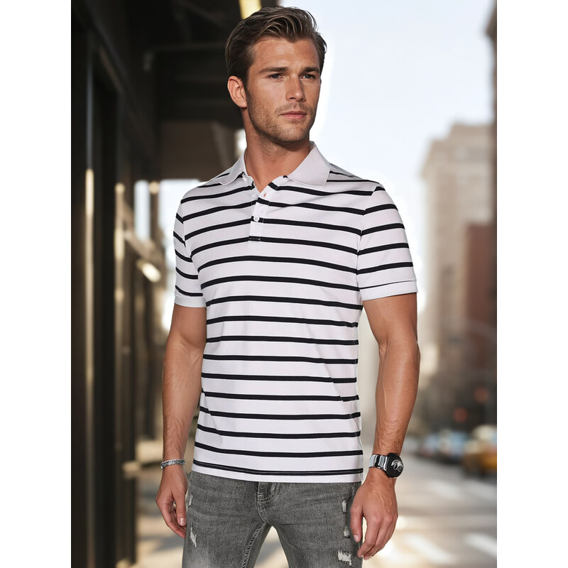 DStreet Pánska polo košeľa v bielej farbe s prúžkami 64692935
