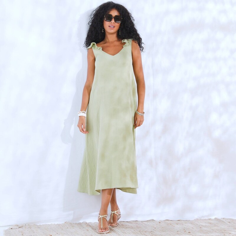 Dlhé šaty z mušelínu s volánikmi na pleciach khaki 042 Blancheporte 63858546