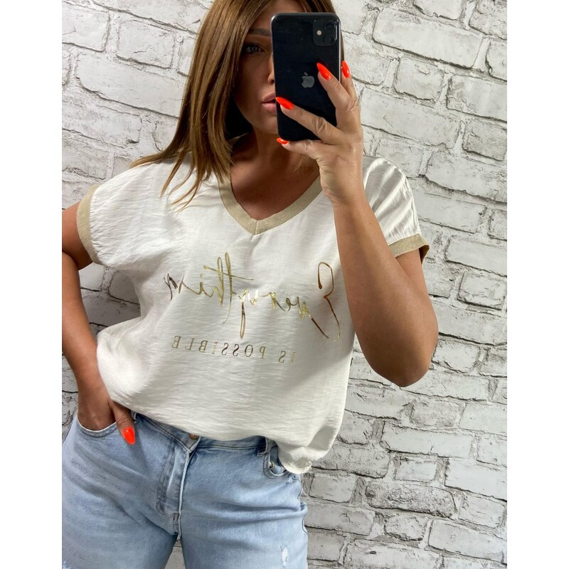 Tričko so zlatým nápisom a trblietavými detailmi béžové 63884749