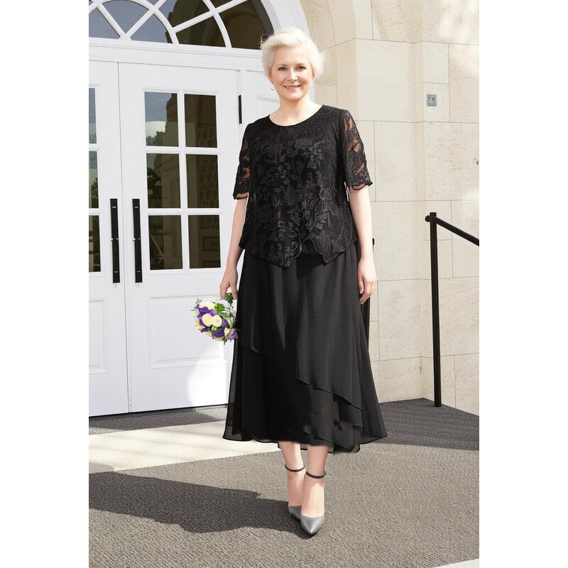(veľ. 52 a 54) Šifónové šaty s čipkovaným topom čierne 63884751