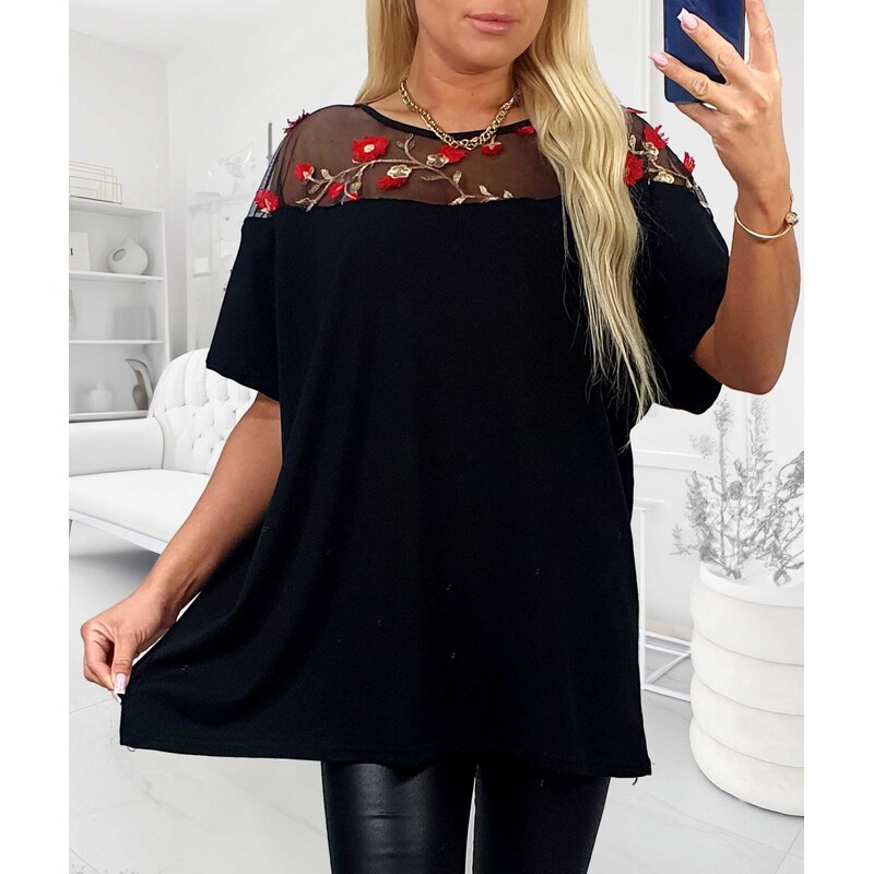 Tričko s výšivkou červených kvetov čierne 63884878