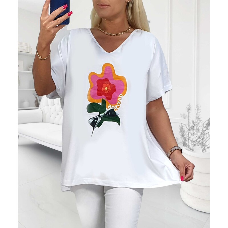 Bavlnené tričko so štylizovaným kvetom biele 63935836