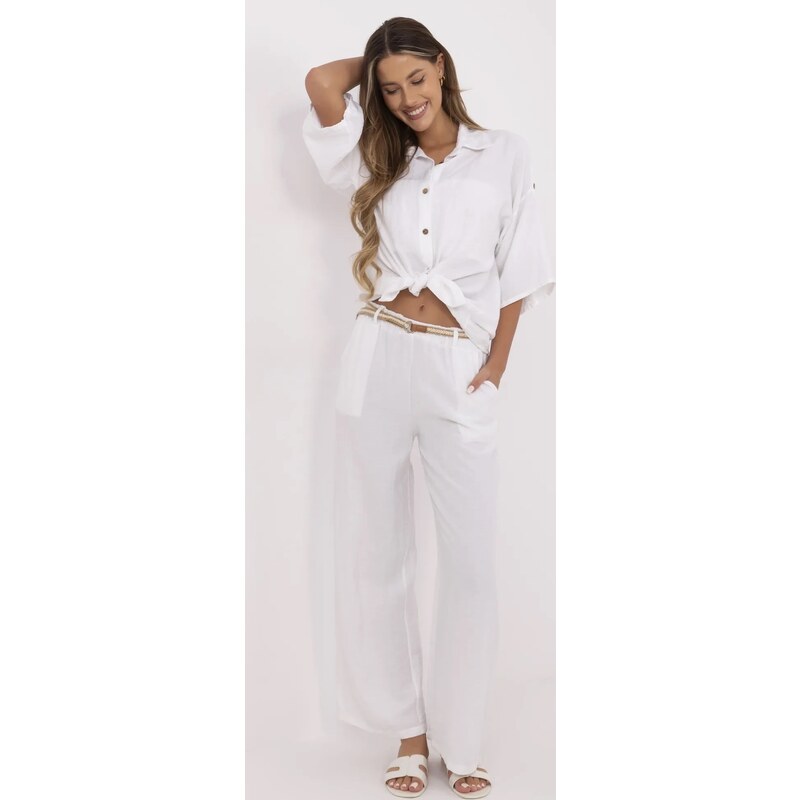 ITALY MODA Bílé dámské letní viskózové kalhoty s pleteným páskem MI-SP 66149829