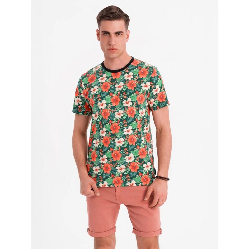 Ombre Clothing Pánske čierne tričko s kvetinovou potlačou V2 TSFP-0249 63979807