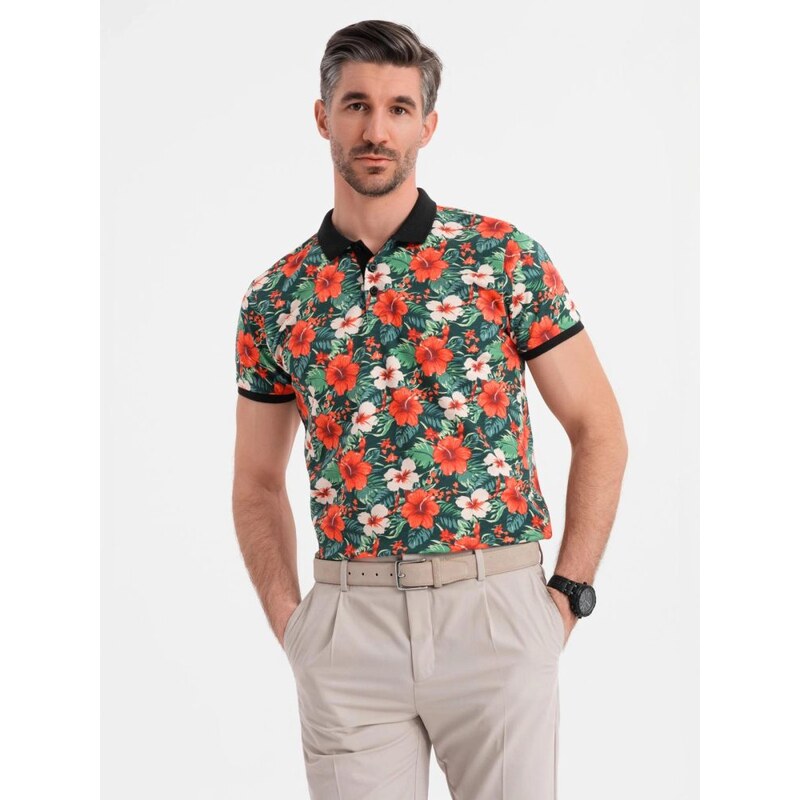 Ombre Clothing Pánska čierna polokošeľa s kvetinovou potlačou V2 POSS 64001409