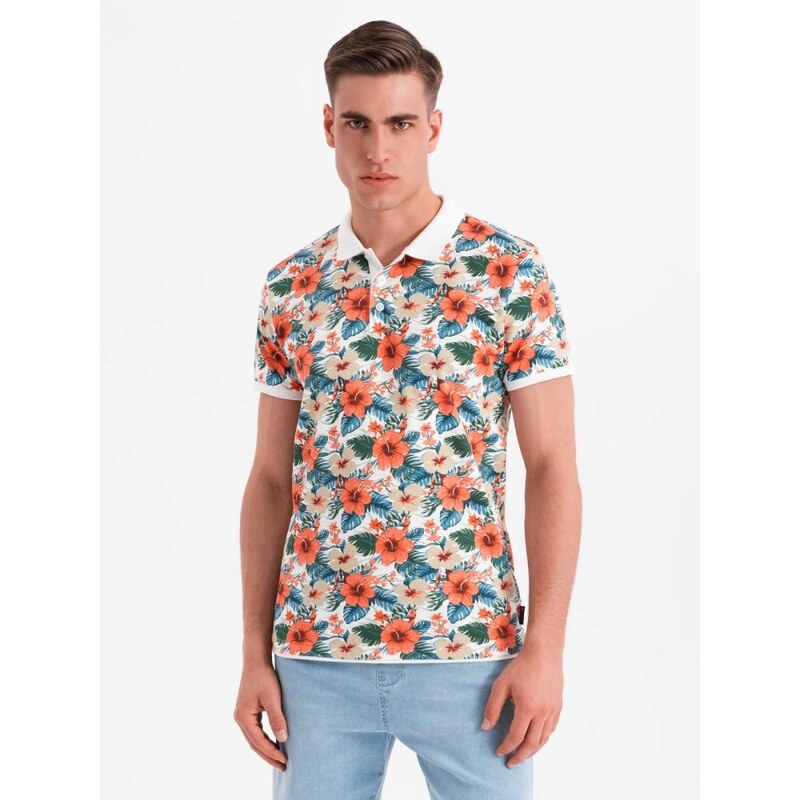 Ombre Clothing Pánska biela polokošeľa s kvetinovou potlačou V1 POSS 64001408