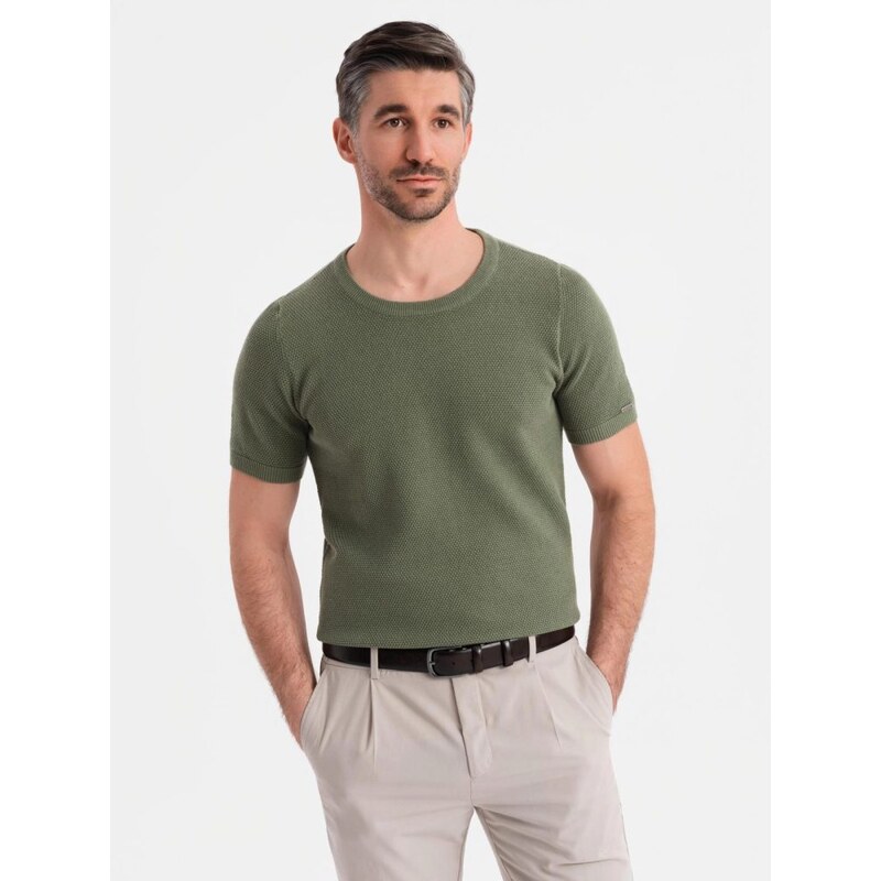 Ombre Clothing Olivové úpletové pánske tričko V5 TSCT-0244 64053303