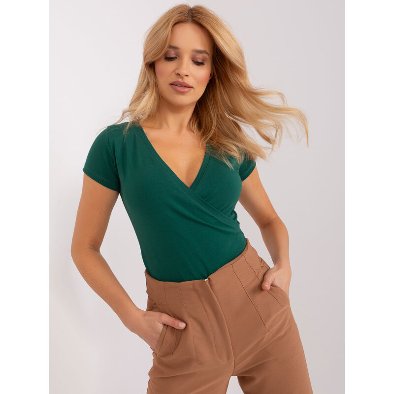 RUE PARIS Tmavozelené tričko s výstrihom RV-TS-5636.18-dark green 67036103