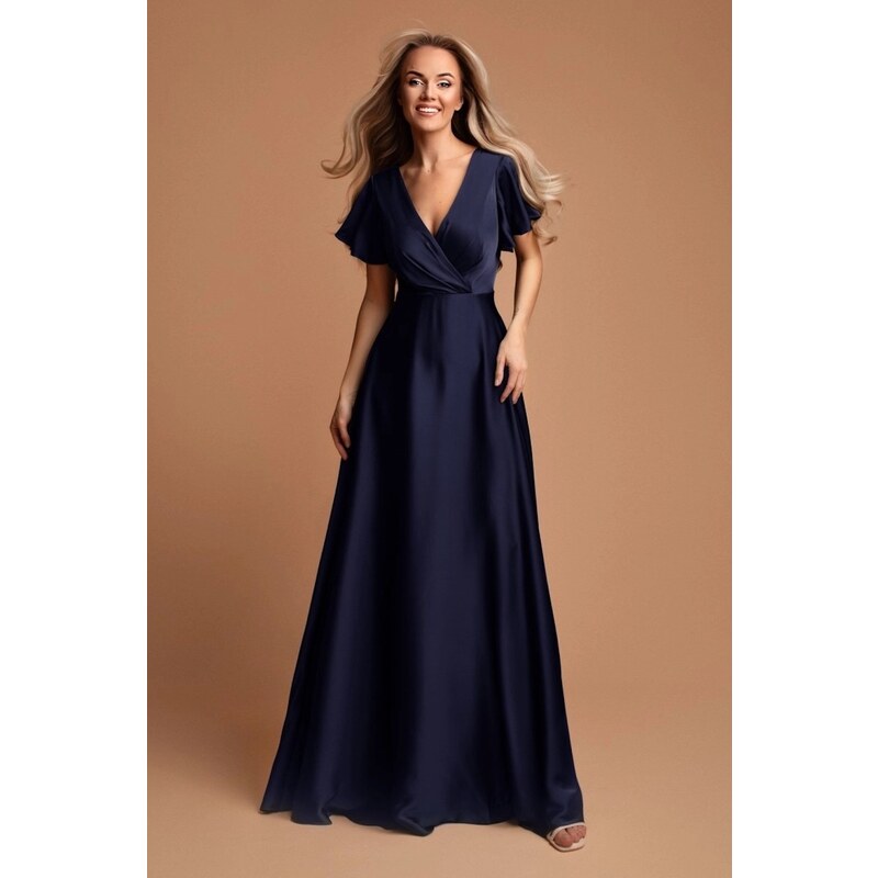 miadresses.sk Tmavomodré saténové šaty s voľnými rukávmi 64079363