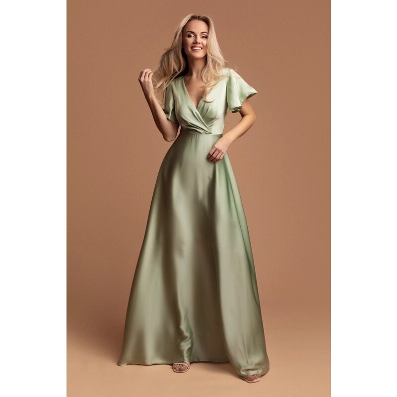 miadresses.sk Zelené saténové šaty s voľnými rukávmi 64079362