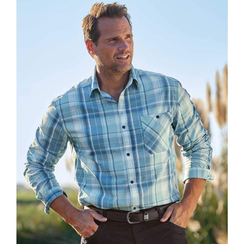 Popelínová košeľa s modrými kockami Atlas For Men Hnedá 64217441