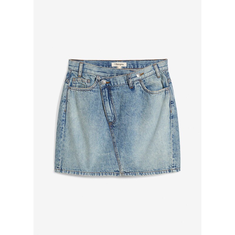 bonprix Džínsová sukňa s asymetrickým pásom, farba modrá 64226298