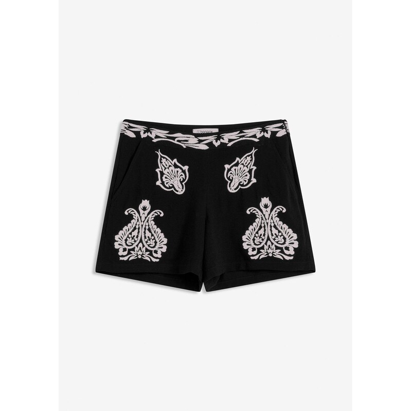 bonprix Šortky s výšivkou z jemného mixu viskózy, farba čierna 64226329