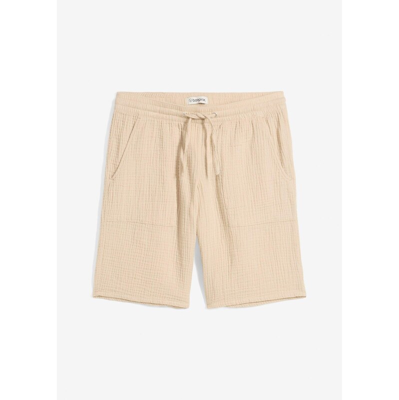 bonprix Mušelínové bermudy s vysokým pohodlným pásom, farba béžová 64226481