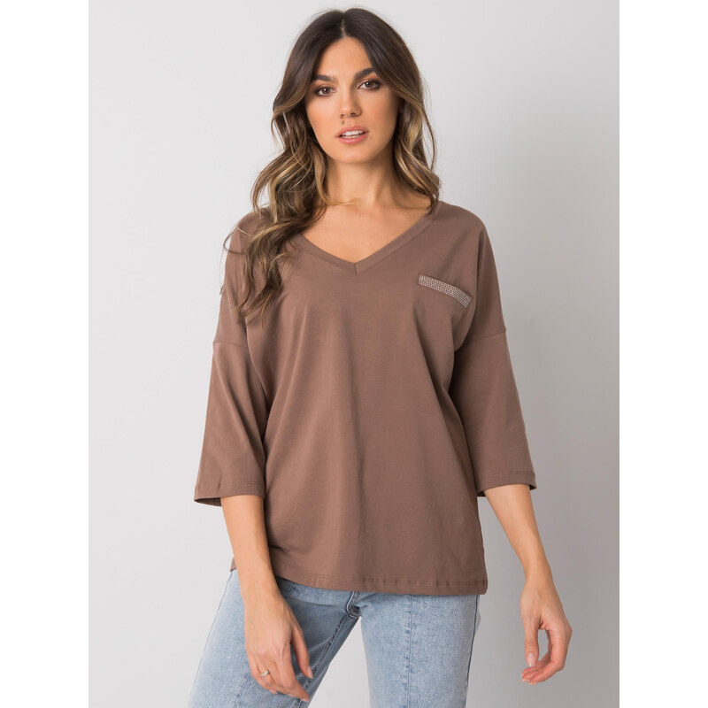 RUE PARIS Hnedé dámske tričko s výstrihom RV-BZ-7310.58-brown 57948867