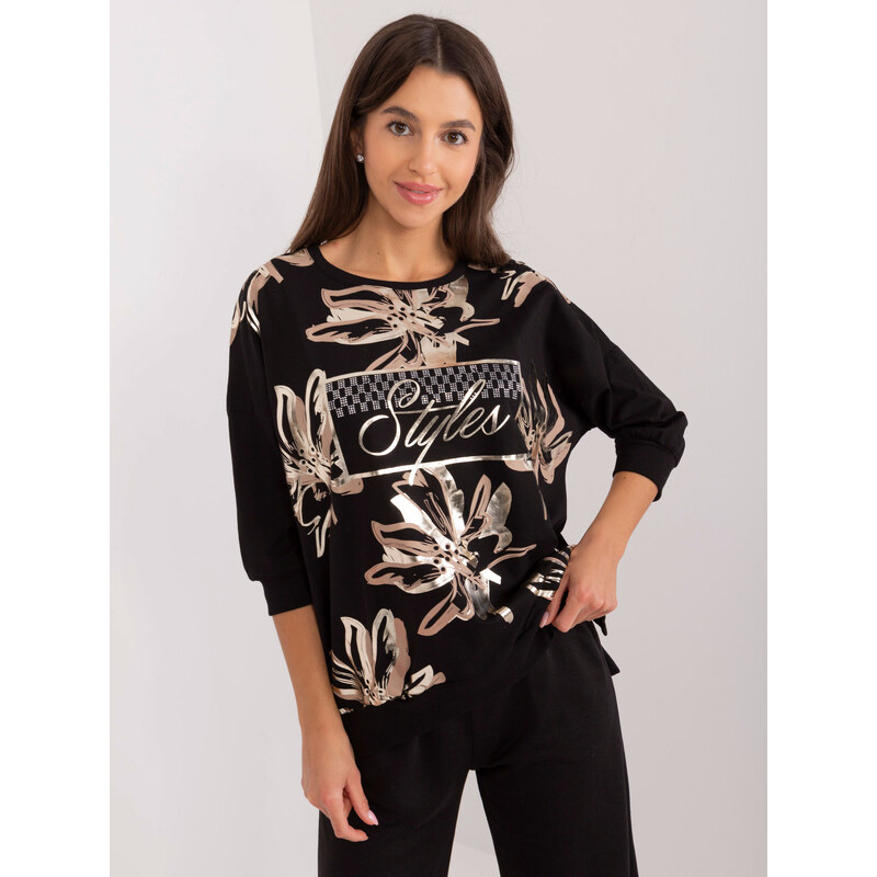 RELEVANCE Čierne vzorované tričko s 3/4 rukávom RV-BZ-9421.99-black 57955534