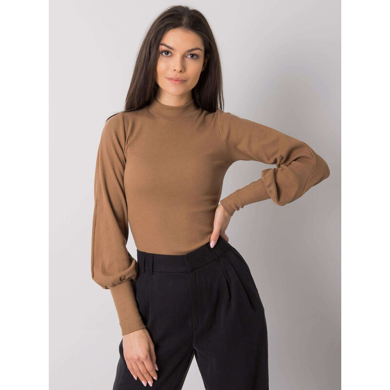 RUE PARIS Hnedé rebrované tričko s balónovými rukávmi RV-BZ-5223.15 57952503