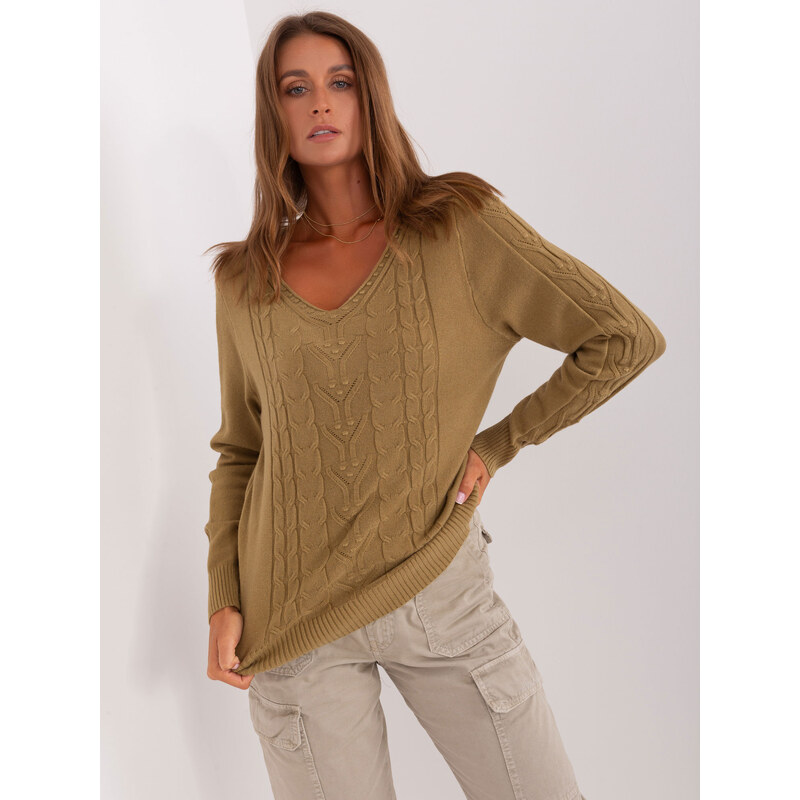 ITALY MODA Khaki sveter s vrkôčikovým vzorom AT-SW-2329.98P-olive 57952945